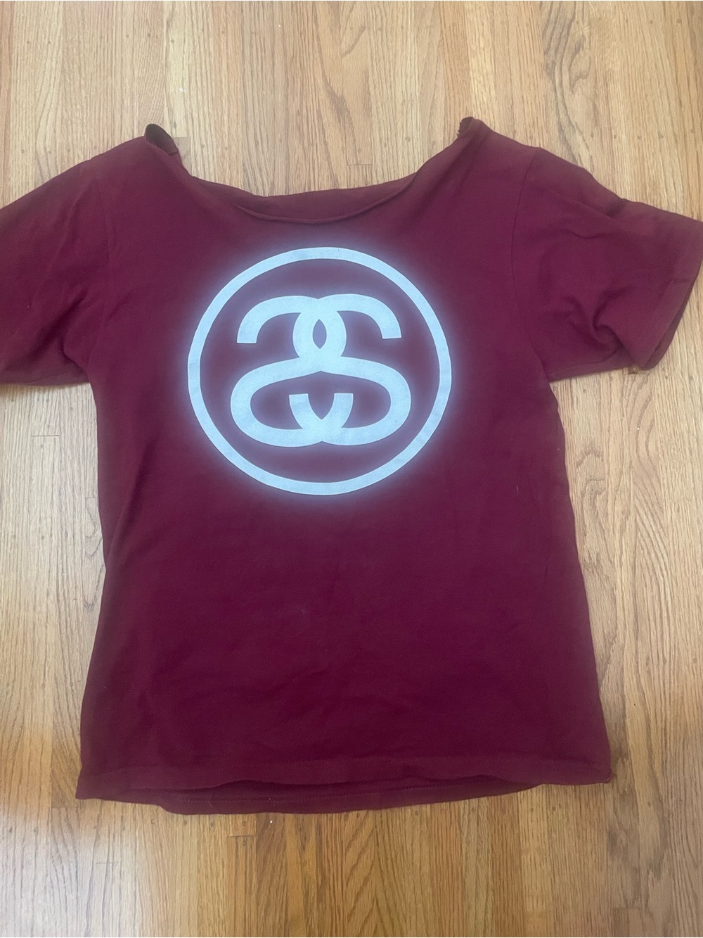 Stussy Maroon Off the Shoulder Short-Sleeve Logo Tee